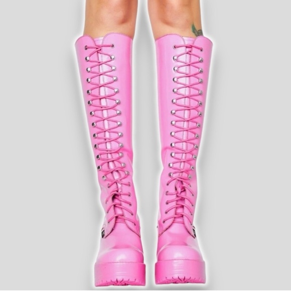 ROC Lash Pink Knee High Combat Platform Lace Up Boots sz40/9 Dolls Kill Hi-Shine - Picture 5 of 5